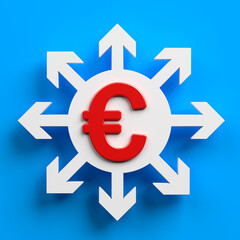 White-colored circular arrows and a red-colored euro symbol. On blue-colored background. Square composition with copy space. Isolated with clipping path.