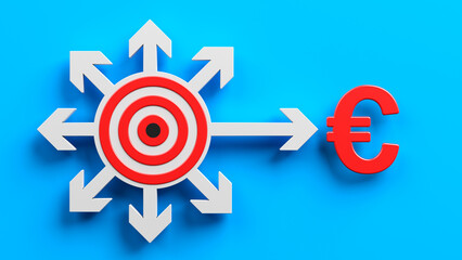 White and red-colored financial target icon and red-colored euro symbol. On blue-colored background. Horizontal composition with copy space. Isolated with clipping path.