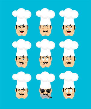 Chef Set Emoji Avatar. Sad And Angry Face. Guilty And Sleeping. Cook Sleeping Emotion Face. Kitchener Vector Illustration