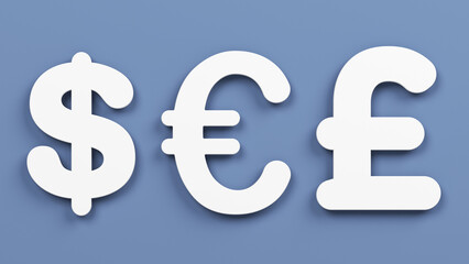 White-colored dollar pound euro symbols. On grayish blue-colored background. Horizontal composition with copy space. Isolated with clipping path.