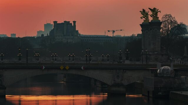 Paris, France, Timelapse - Close up of the Pont Alexandre III Bridge during the sunrise