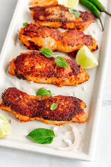 Tandoori Fish Tikka, Low carb Healthy Fish Appetizer Vertical Photo
