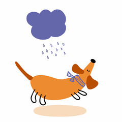 Hand drawn homeless dachshund puppy run away from the rain. Perfect for T-shirt, poster, card and print. Doodle vector illustration for decor and design.
