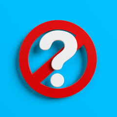 Red-colored banned sign and question mark. On blue-colored background. Square composition with copy space. Isolated with clipping path.