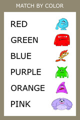 Connect the name of the color and the character of the monster. Logic game for children.