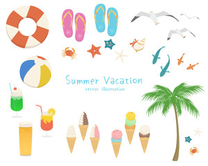 Set of summer beach elements. Vector illustration of beach accessories, seaside creatures, palm tree, foods and drinks.