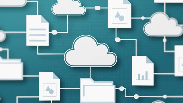 connected clouds with different file and folder icons, sharing data, concept of cloud computing, smart working, global business, big data, front view (3d render)