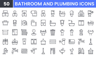 Bathroom vector line icon set. Contains linear outline icons like Washbasin, Closet, Shower, Wc, Plumbing, Mirror, Tap, Trash, Bath, Hygiene, Shampoo, Tap, Towel. Editable use and stroke for web.