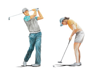 ゴルフをする人　水彩　手描き　イラスト