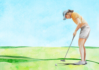 ゴルフをする人　水彩　手描き　イラスト