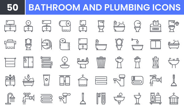 Bathroom vector line icon set. Contains linear outline icons like Washbasin, Closet, Shower, Wc, Plumbing, Mirror, Tap, Trash, Bath, Hygiene, Shampoo, Tap, Towel. Editable use and stroke for web.