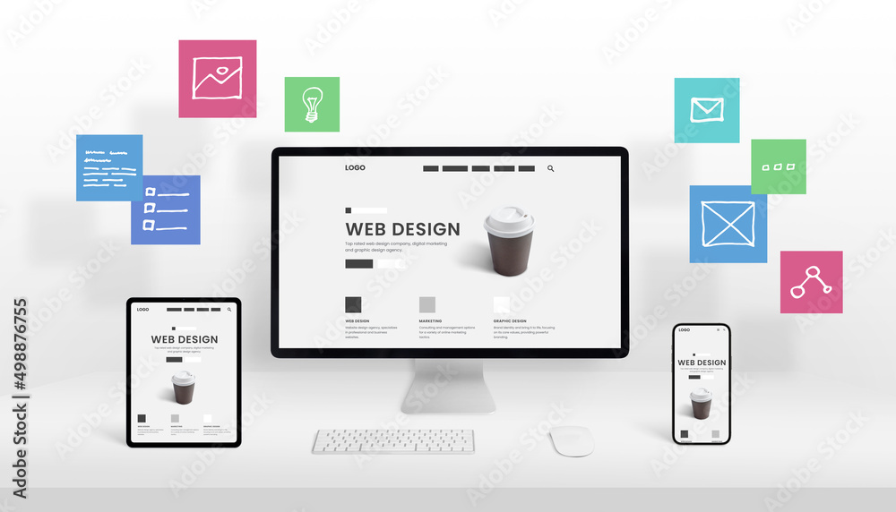 Leinwandbilder Web design studio and digital marketing agency concept. Responsive web page on computer, tablet and smart phone display