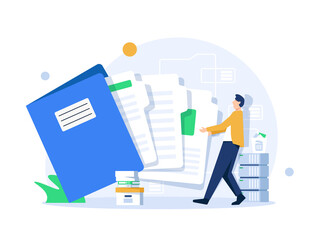 Office worker holding giant folder for storing papers. Modern concept of file management system, online document storage service