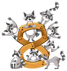 Fototapeta na wymiar Eight raccoons attached to number eight