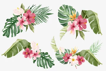 Fotobehang Watercolor Bouquets of Tropical Flowers and Exotic Leaves © Krit