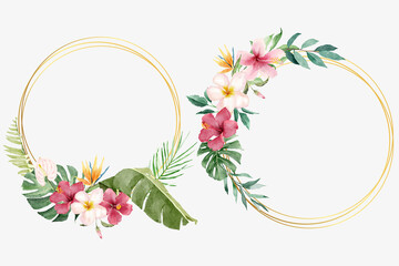 Watercolor Tropical Flowers with Round Frames