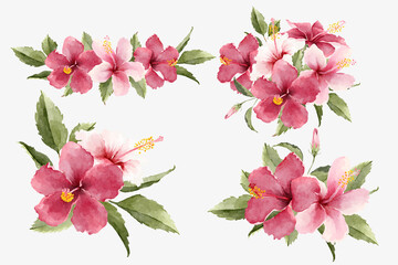 Watercolor Tropical Hibiscus Flower Bouquets - obrazy, fototapety, plakaty