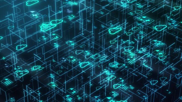 abstract network with clouds and different file and folder icons, sharing data, concept of cloud computing, smart working, global business, big data, isometric view (3d render)