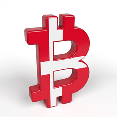 Bitcoin symbol textured with the Danish flag. On white-colored background. Square composition with copy space. Isolated with clipping path.