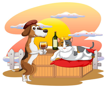Cartoon dog and cat sipping wine