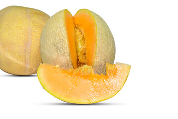Fototapeta na wymiar Muskmelon fruit slice cuts isolated on white background.