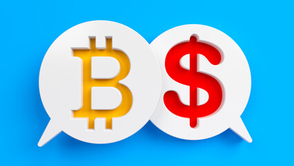 Orange-colored Bitcoin and Dollar symbol with white-colored speech bubble. Horizontal composition with copy space. Isolated with clipping path.