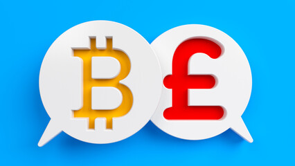 Orange-colored Bitcoin and Pound symbol with white-colored speech bubble. Horizontal composition with copy space. Isolated with clipping path.
