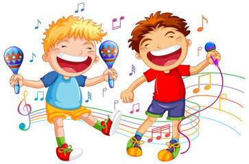 Two boys singing and dancing