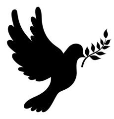 A symbol of peace. Dove silhouette. Bird silhouette. The pigeon is holding a twig in its beak.