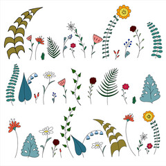 Doodle meadow flowers and leafs set. Colores vector floral icons