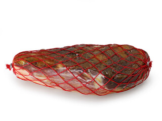 spanish ham wrapped in foil and net isolated on white background