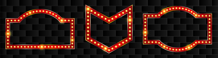 Red marquee signboard and badge frames with neon glow. Bright circus graphic sign for entertainment or promotion material © Mariia