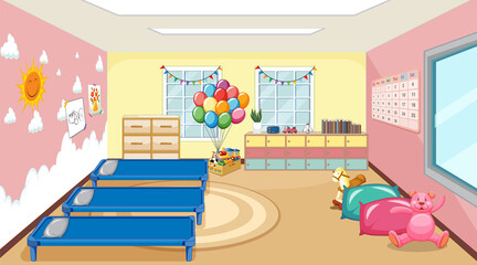 Scene with beds and toys in the room - obrazy, fototapety, plakaty