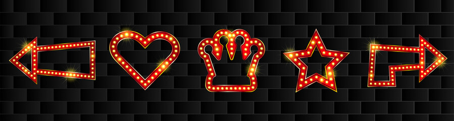 Retro marquee arrows with shiny bulbs. Glowing crown and heart with neon led for advertisement or promotion marketing materials © Mariia