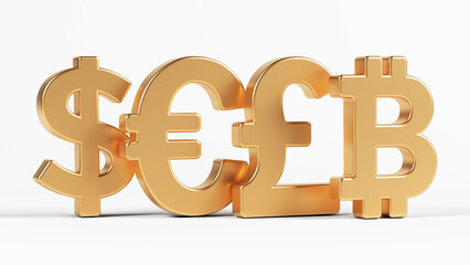 Gold-colored Bitcoin, Dollar, Pound, and Euro symbols. On white-colored background. Horizontal composition with copy space. Isolated with clipping path.