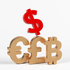 Red-colored Dollar, and gold-colored Bitcoin, Pound, Euro symbols. On white-colored background. Square composition with copy space. Isolated with clipping path.