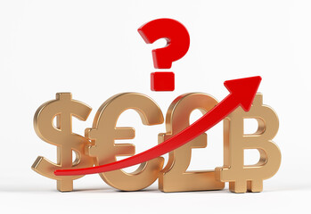 The red-colored Finance arrow, and gold-colored Bitcoin, Euro, Dollar, Pound symbols. On white-colored background. Horizontal composition with copy space. Isolated with clipping path.