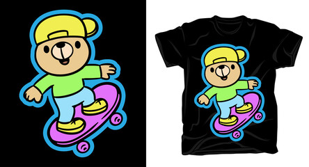 Cute little bear riding skateboard hand drawn cartoon illustration t shirt design