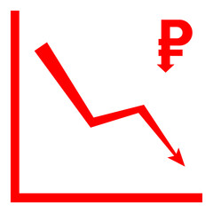 Vector graphics of falling Russian ruble. The arrow goes down. Ruble down arrow icon.