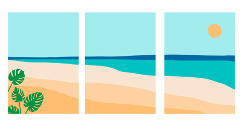 Collection of modern minimalistic simple abstract landscapes: sandy beach, sea, monstera leaves and sun on the horizon