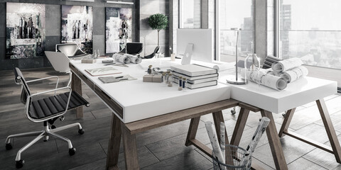 Contemporary Penthouse Office Environment - panoramic black & white 3D Visualization