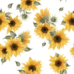 Seamless floral pattern with sunflowers on summer background, watercolor illustration. Template design for textiles, interior, clothes, wallpaper