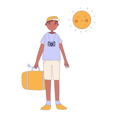 Vector boy vacation in cartoon style. Banner, poster, greeting card. Illustration vector graphic. Сute boy goes on vacation