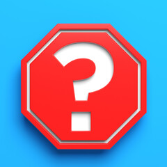 White-colored question mark symbol and red-colored stop sign. On blue-colored background. Square composition with copy space. Isolated with clipping path.