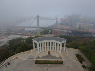 Primorsky Boulevard, Vorontsov Palace, Colonnade. Walk the streets. Panoramic drone view. foggy day