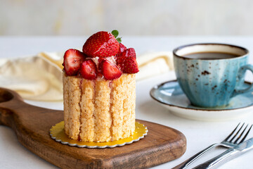 Strawberry cake. Strawberry log cake on a white background. Bakery products. close up