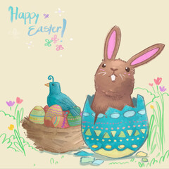 easter card with bunny and eggs