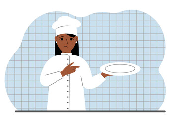 Sad cook in a cap holds an empty plate in his palm. Vector