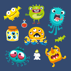 Set of monsters with elements. Cartoon funny isolated characters. Icons for design of postcards, posters, books. Vector illustration.