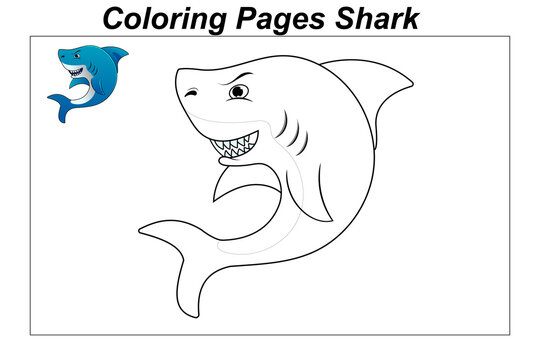 Coloring pages. Marine wild animals. ittle cute baby shark underwater. illustration in a cartoon style for a coloring book